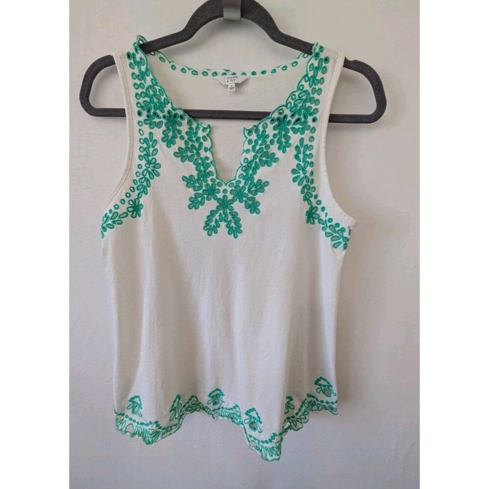 Crown & Ivy Top Womens S White Aqua Embroidered Sleeveless V Neck Tank